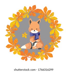 Animals. A fox in a blue scarf, with a wreath of chestnut leaves. Autumn card. Flat design. Vector illustration.