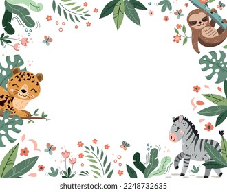 Plantilla de marco de animales. Lugar para el texto y la presentación. Sabana africana, flora y fauna. Cebra entre hojas exóticas y tropicales. Afiche o cartel para el sitio web. Dibujo vectorial plano de dibujos animados