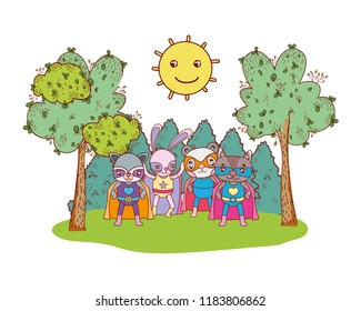 animals friends with costumes and kawaii sun