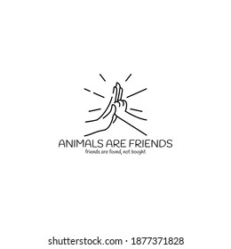 Los animales son amigos logotipo, diseño de símbolos minimalista de la pata de la mano y del gato, cuidado de los animales, ilustración vectorial