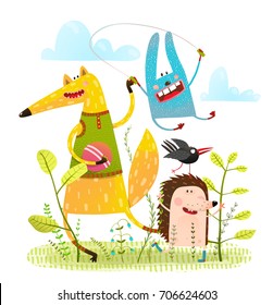 Animals friends playing in summer nature. Vector illustration.