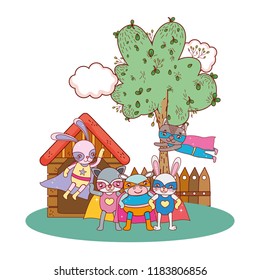 animals friends wearing costumes in the farm house