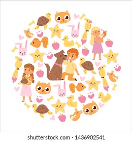 Animals friendship background with kids characters and little pets vector illustration.