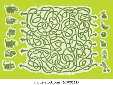 Animals and fruits hand-drawn Maze Game ... Task: Connect animals with fruits! ... Answer: pear-dog, cherry-pig, orange-cat, banana-hedgehog, apple-turtle, pineapple-bird.
