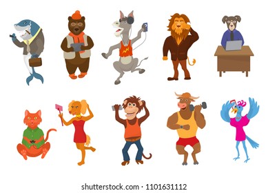 Animals gadget vector animalistic cartoon character businessman bear cat or dog holding phone or camera for selfie illustration set of lion or monkey with laptop or isolated on white background