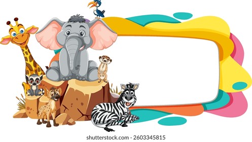 Animals gather around a colorful, abstract frame