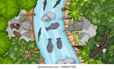Animals gather around a flowing river in harmony