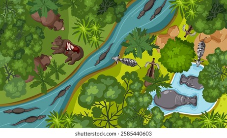 Animals gather around rivers in lush greenery