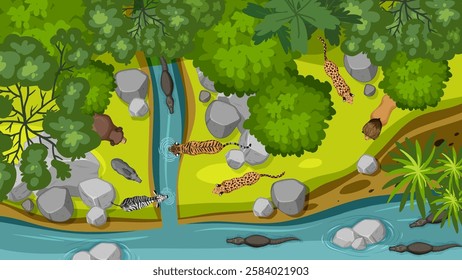 Animals gather by a river in dense forest