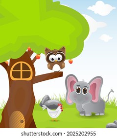 animals gathering around a tree house