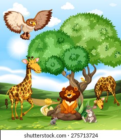 Animals gathering near a big tree