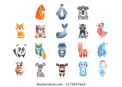 Animals in a geometric flat style with the use of gradients and smooth shapes set of colorful vector Illustrations