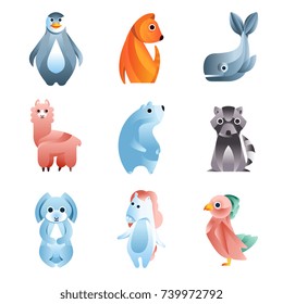 Animals in a geometric flat style with the use of gradients and smooth shapes set of colorful vector Illustrations
