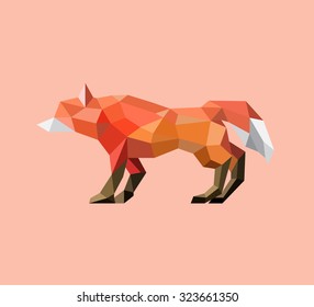animals . geometric orange polygon fox on orange pastel background