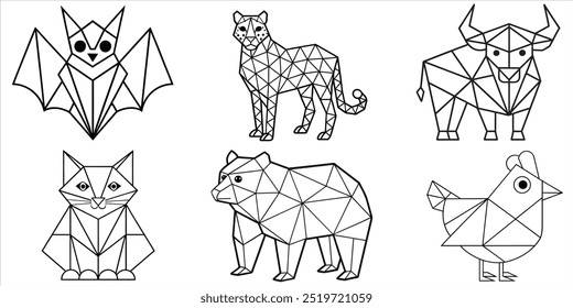 Animals in geometric shapes: Bat, Bear, Bull, Cat, Cheetah, Chicken