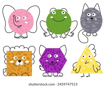 Animales de Formas geométricas, oso, gato, león, cordero, pollo, pescado, dibujo de Vector