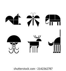 Animals from geometric shapes in black. Stencils, tattoos. Flat illustration.