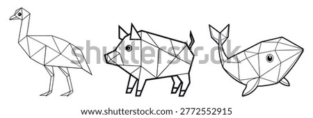 Animals in geometric shapes: Boar, Emu, whale
