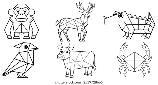 Animals in geometric shapes: Chimpanzee, Cow, Crab, Crocodile, Crow, Deer