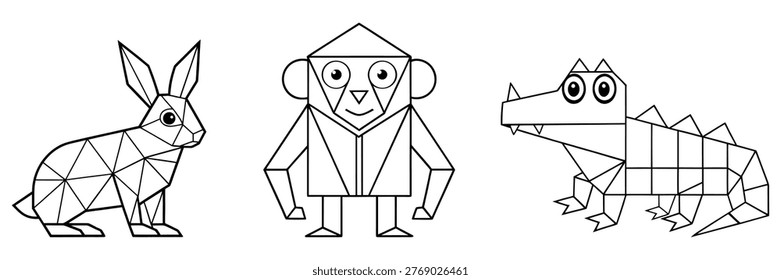 Animals in geometric shapes:  Hare, Crocodile, monkey.