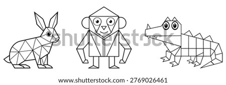 Animals in geometric shapes:  Hare, Crocodile, monkey.