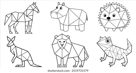 Animals in geometric shapes: Hedgehog, Hippopotamus, Horse, Kangaroo, Lion, Lizard