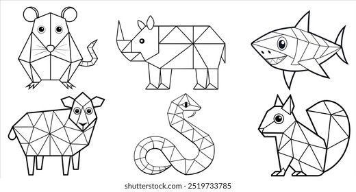 Animals in geometric shapes: Rat, Rhinoceros, Shark, Sheep, Snake, Squirrel