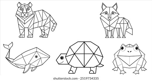 Animais em formas geométricas: Tigre, Sapo, Tartaruga, Baleia, Lobo