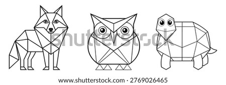 Animals in geometric shapes: Wolf, Turtle, owl.