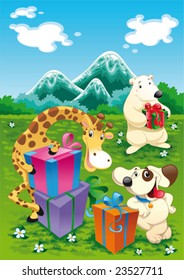 Animals and gifts with background. Funny cartoon and vector illustration, isolated objects