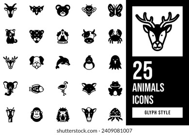 Animals Glyph Icon Set. Containing eagle, giraffe, elephant, bat, horse, frog, butterfly, dog, dolphin, cheetah, gorilla, cow, fish, bear, cat, deer, fox, bee, flamingo, antelope, duck, crab.