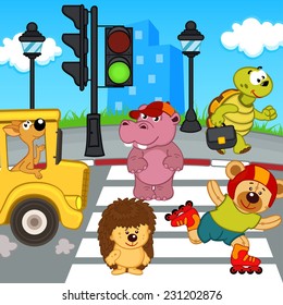 animals go across crosswalk - vector illustration, eps