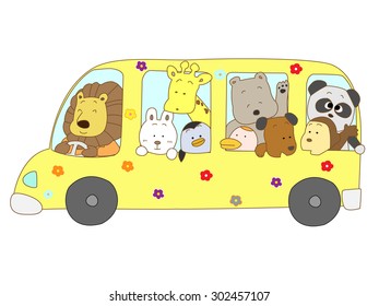Animals going out for a picnic on a bus