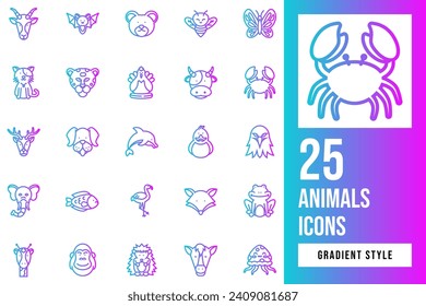 Animals Gradient Icon Set. Containing eagle, giraffe, elephant, bat, horse, frog, butterfly, dog, dolphin, cheetah, gorilla, cow, fish, bear, cat, deer, fox, bee, flamingo, antelope, duck, crab.