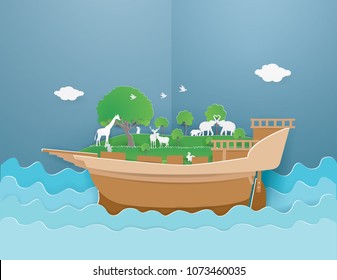 Animals in the green forest on Barque  Float in the blue sea and go to the new island,vector and illustration 