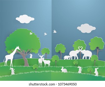 Animals in the green forest on spring season,vector and paper craft style,vector and illustration.