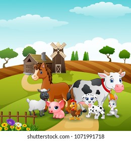 Animals group at the path of farm
