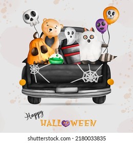 Animals in Halloween costumes on ghost car. Halloween holiday party.
