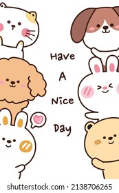 Animals hand drawn banner.Cat,dog,rabbit,bear doodle.Kawaii cartoon.Have a nice day writing on white background.Vector.Illustration.