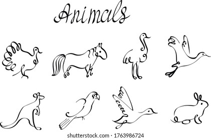 Animals, hand drawn children vector isolated design elements on white background. Concept for logo, icon