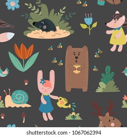 Animals hand drawn seamless pattern. Bear, rabbit, mole, owl, deer, snail, mouse. Design for children's decoration, nursery room, book, greeting card, apparel.