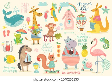 Animals hand drawn style, Summer set - motivation calligraphy and other elements. Vector illustration.