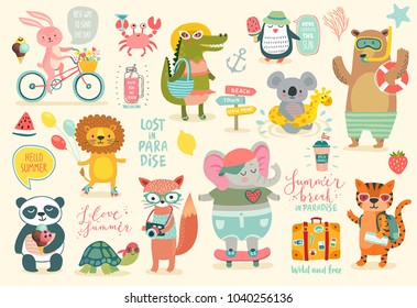 Animals hand drawn style, Summer set - motivation calligraphy and other elements. Vector illustration.