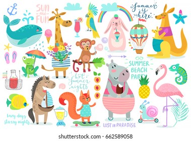 Animals hand drawn style, Summer set - calligraphy and other elements. Vector illustration.