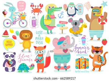 Animals Hand Drawn Style, Summer Set - Calligraphy And Other Elements. Vector Illustration.