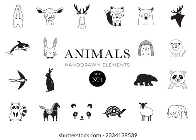 Elementos dibujados a mano en animales, ilustraciones en animales