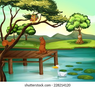 Animals hanging out by the pond