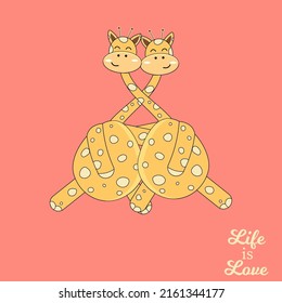 Animals are happy with each other. Love. Vector stock illustration. Red background. Giraffes.