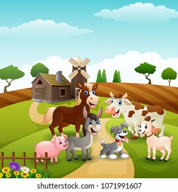Animals happy in farm background