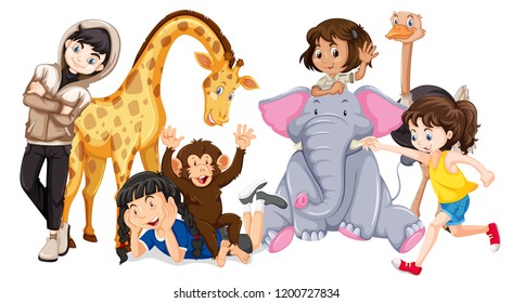 Animals and happy people illustration